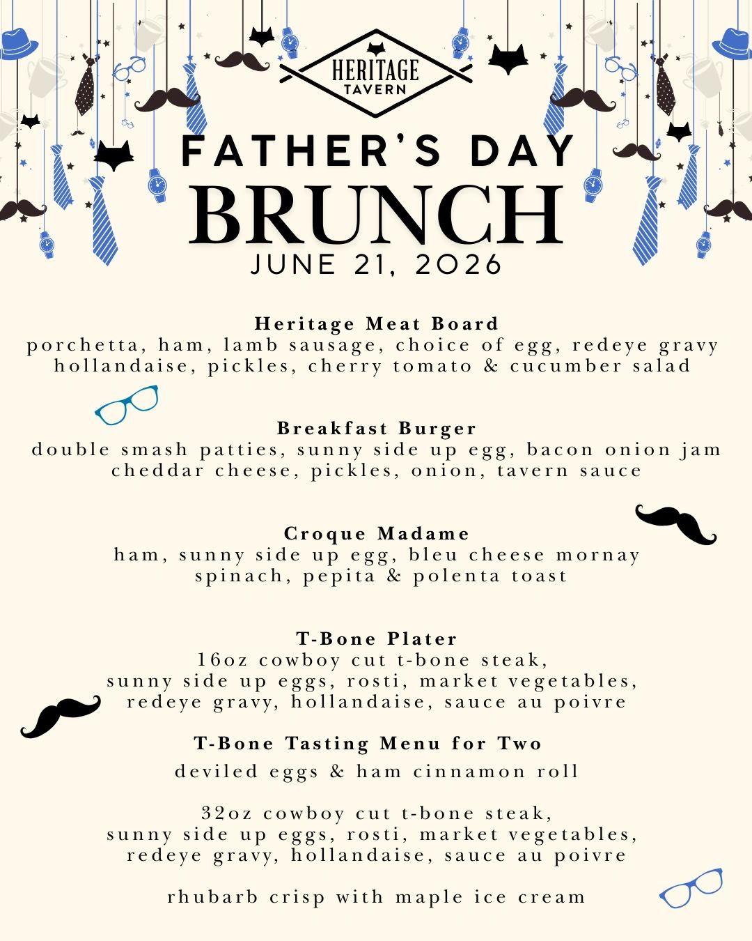 Father's Day Brunch menu at Heritage Tavern with various hearty dishes and special T-bone steak options.