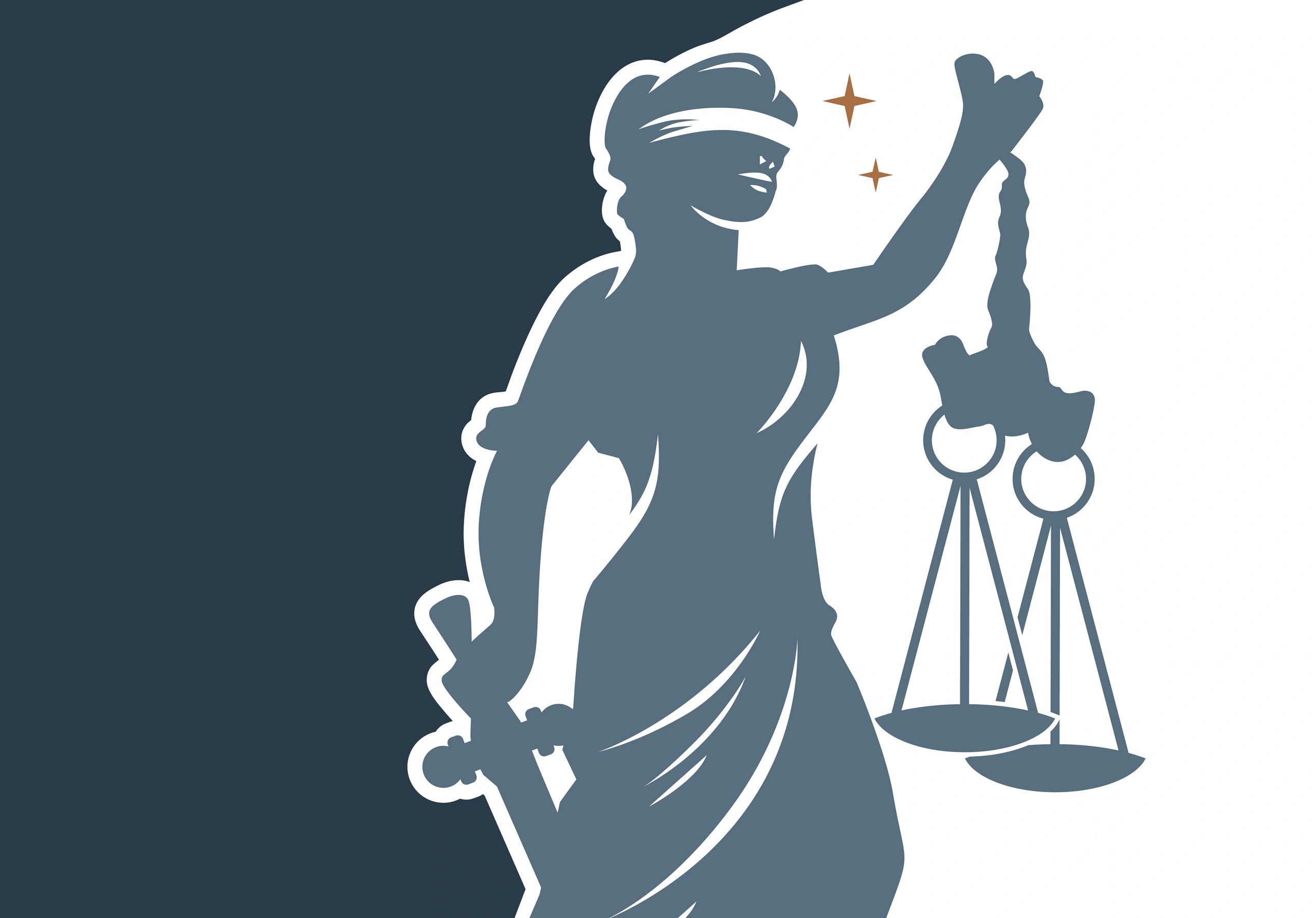 Lady Justice with balancing scales and a sword to serve her clients with honesty and fairness.