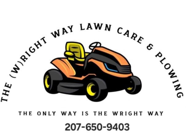 Logo for The (W)right Way Lawn Care & Plowing featuring a lawn mower illustration.