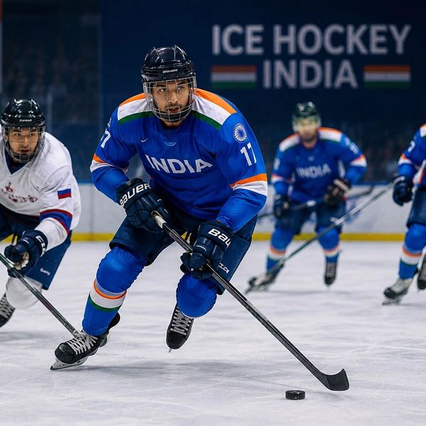 Indian ice hockey player in action on the ice rink.