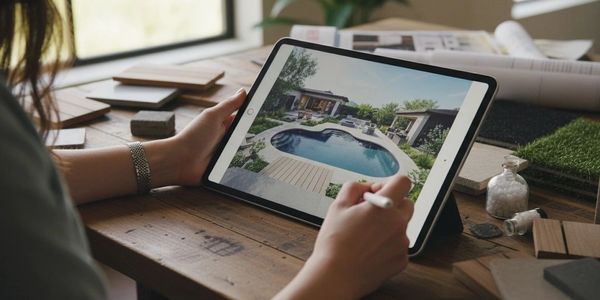 Person using a tablet to review a modern pool design.