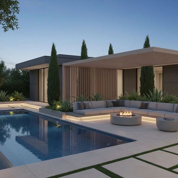 Modern outdoor patio with pool, fire pit, and sleek seating under a pergola at dusk.