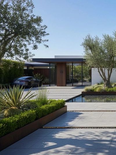 Modern minimalist house with sleek driveway and greenery under a clear sky.