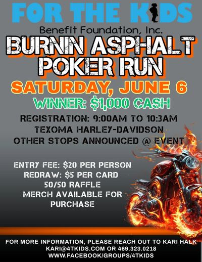 Flyer for Burnn Asphalt Poker Run charity event on June 6 with cash prize and raffle.