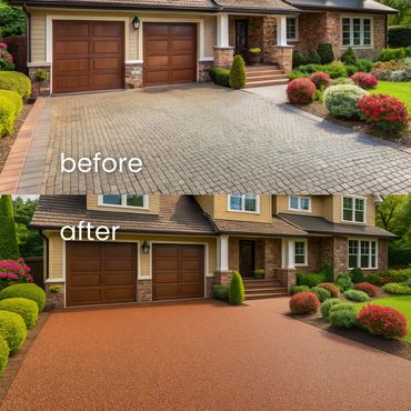 Before and after driveway renovation with a smooth new surface replacing the old cobblestone.