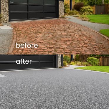 Before and after images of a driveway transformation from cobblestone to smooth asphalt.