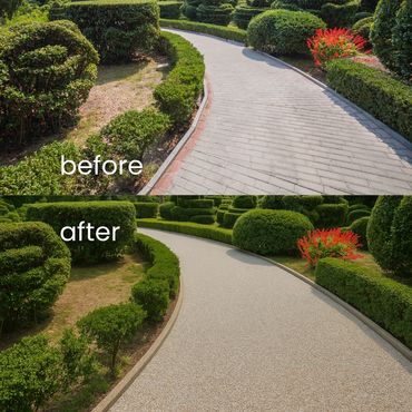 Side-by-side comparison of a garden path before and after renovation with cleaner, smoother paving and neater hedges.