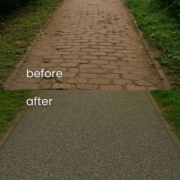 A before and after image showing a cobblestone path replaced by a smooth asphalt path.