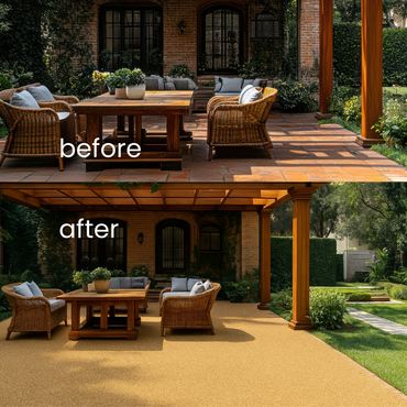 Before and after patio transformation with new flooring and furniture arrangement.