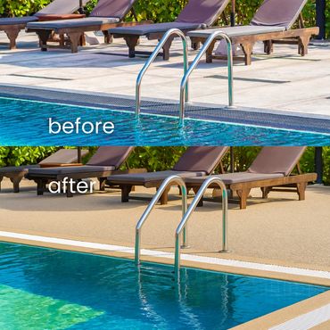 Before and after photos of a poolside area with different flooring.