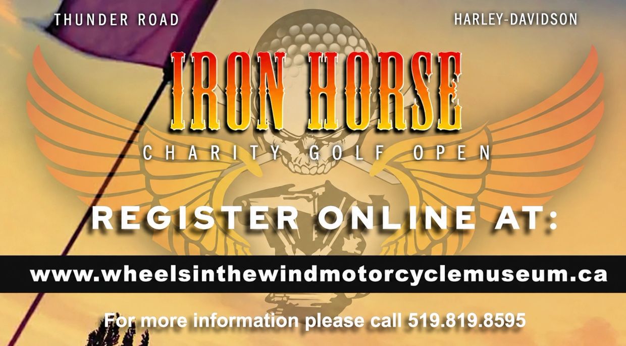 Iron Horse Charity Golf Open registration details with a motorcycle theme.
