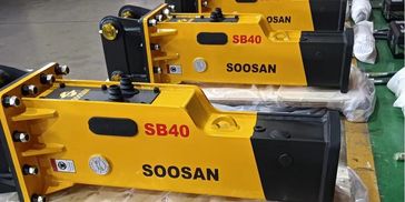 Soosan SB40 hydraulic breakers: factory-lineup industrial tools for construction demolition tasks.