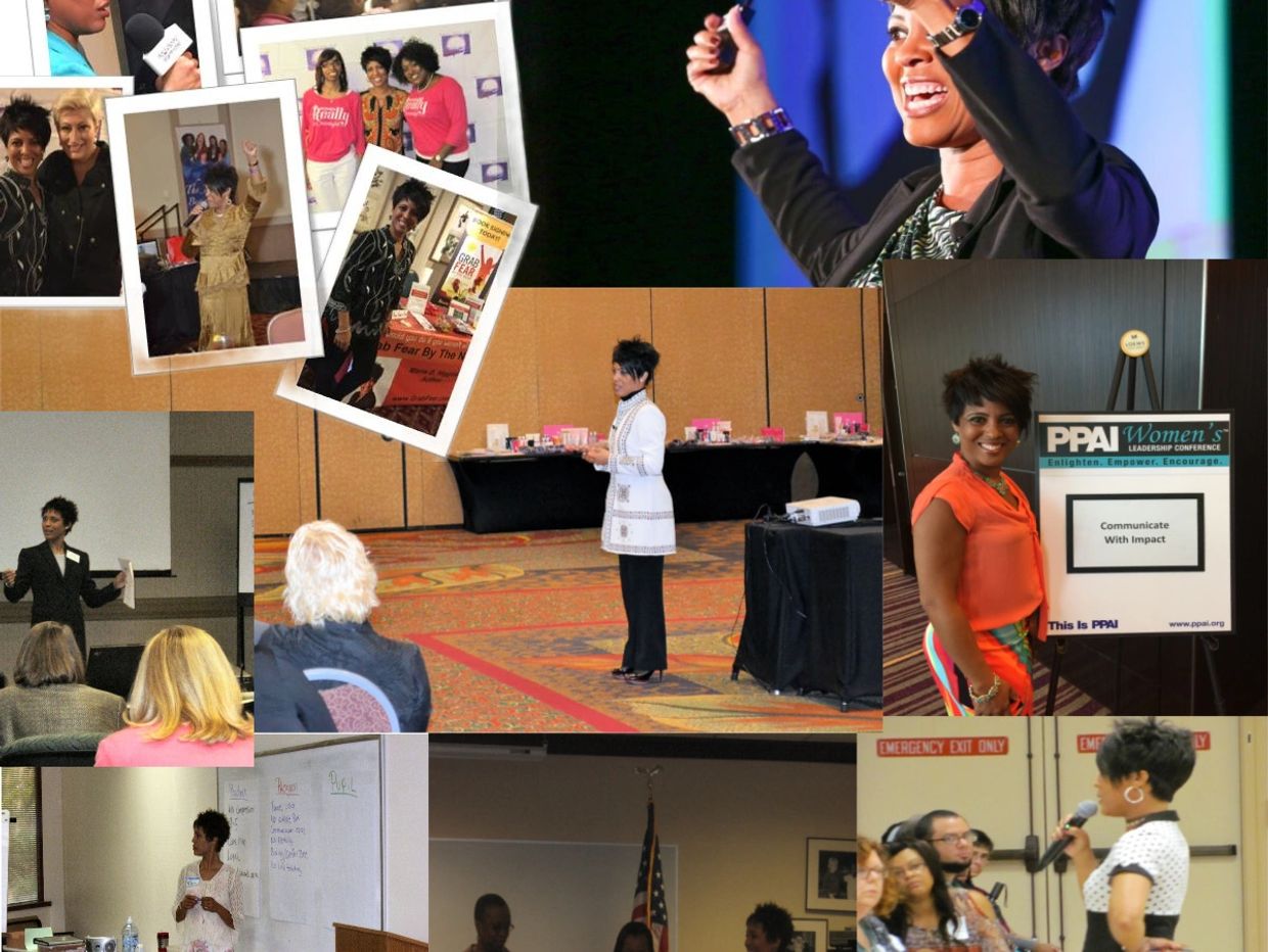 Woman speaking and engaging at various leadership and empowerment events.