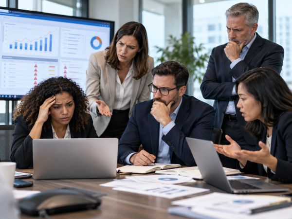 A concerned team discussing data on laptops in a meeting.