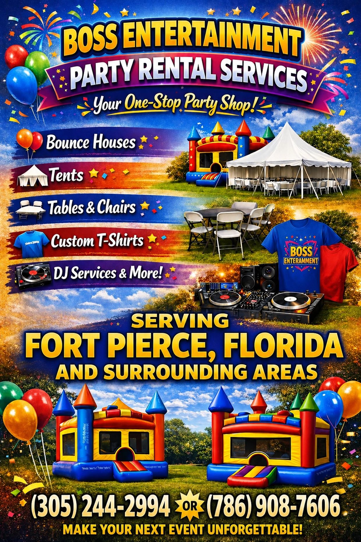 Colorful party rental services in Fort Pierce, Florida, including bounce houses, tents, tables, chairs, custom T-shirts, and DJ services.