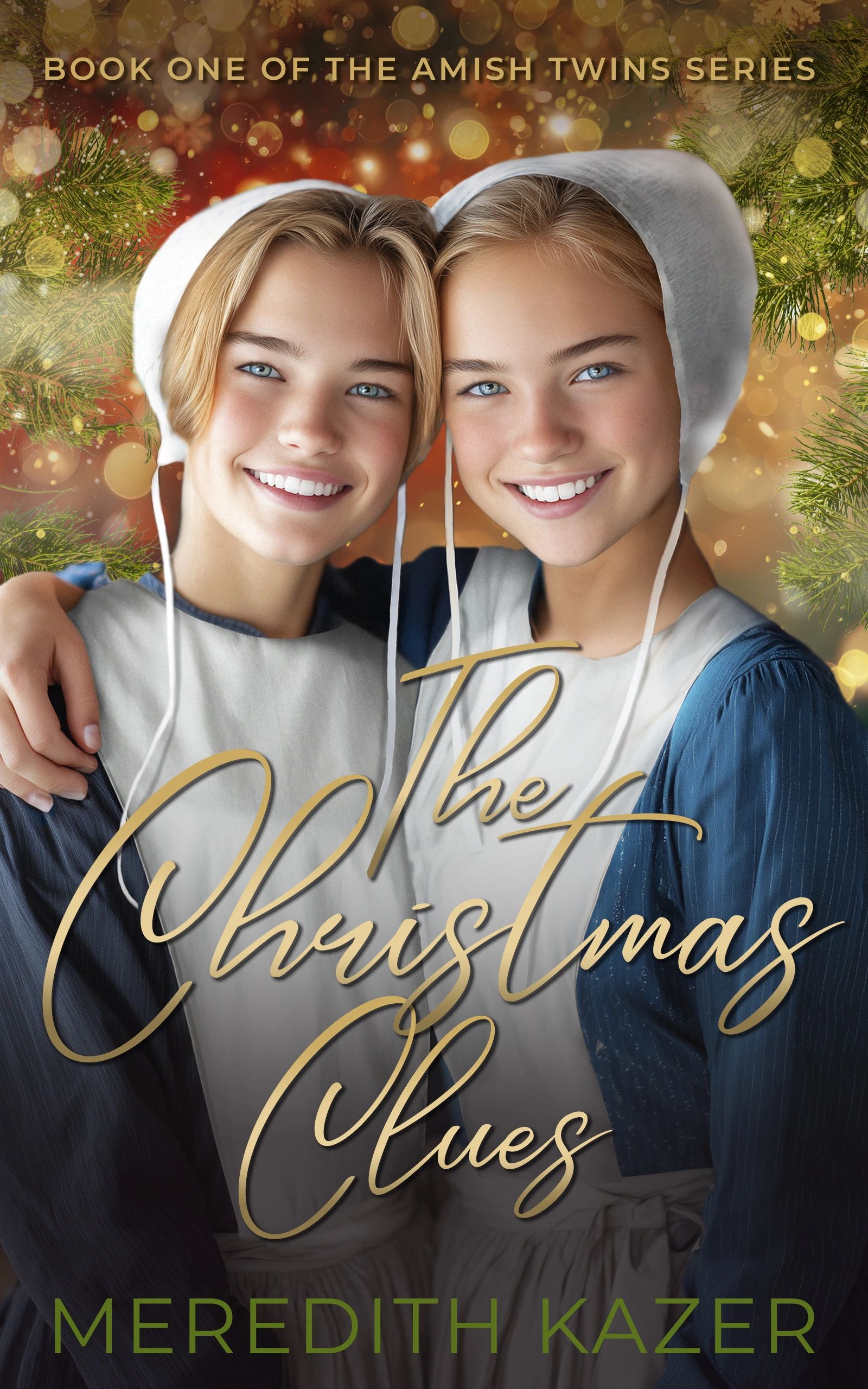 Two smiling Amish twins on a festive book cover titled The Christmas Clues.