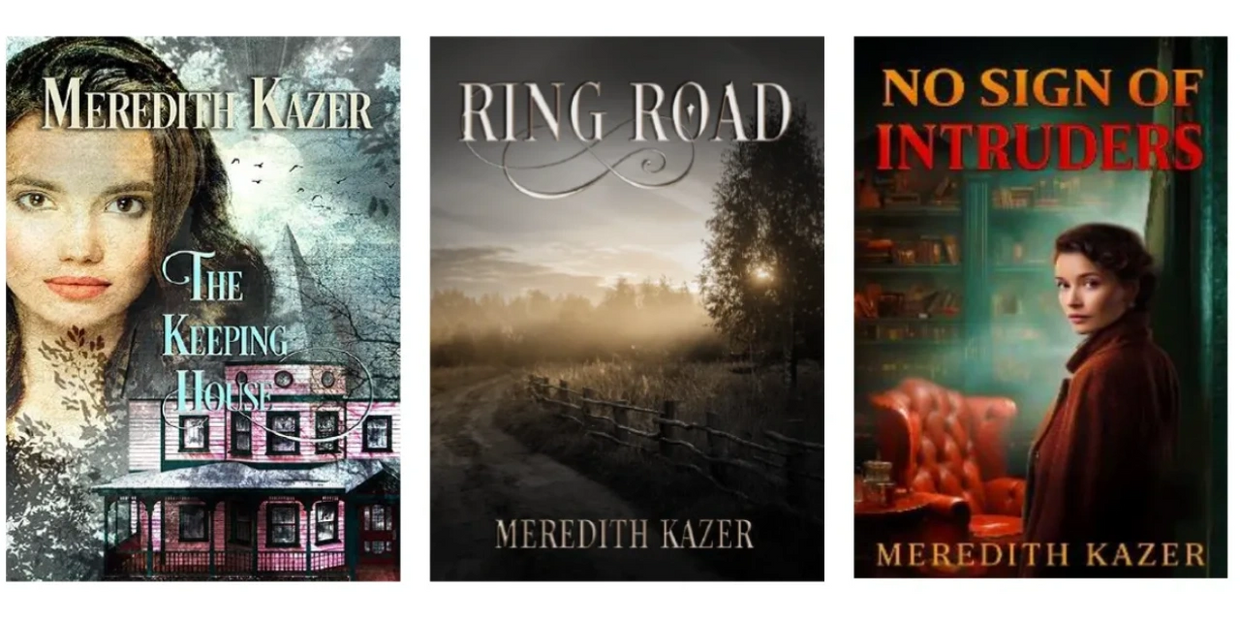 Three Meredith Kazer book covers featuring mystery and suspense themes.