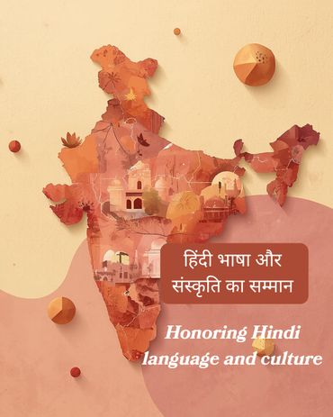 Artistic map of India honoring Hindi language and culture.