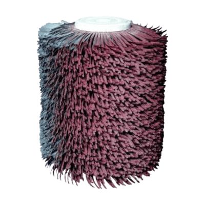 A cylindrical abrasive flap brush with maroon sanding flaps.