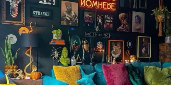 Cozy living room with vibrant cushions and eclectic art.