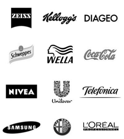 Collection of various well-known brand logos in black and white.