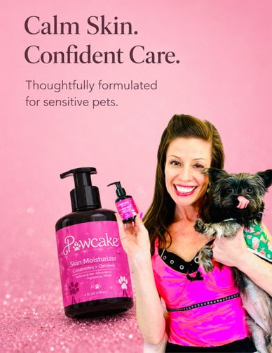 Woman holds pet skincare products and a dog, promoting gentle care for sensitive pets.
