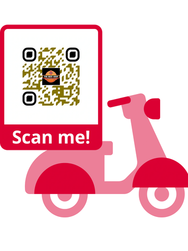Red scooter with a QR code and 'Scan me!' text for soup delivery.
