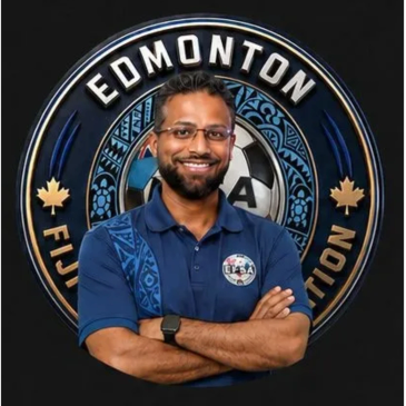 Man smiling confidently in front of Edmonton Fiji Association logo.