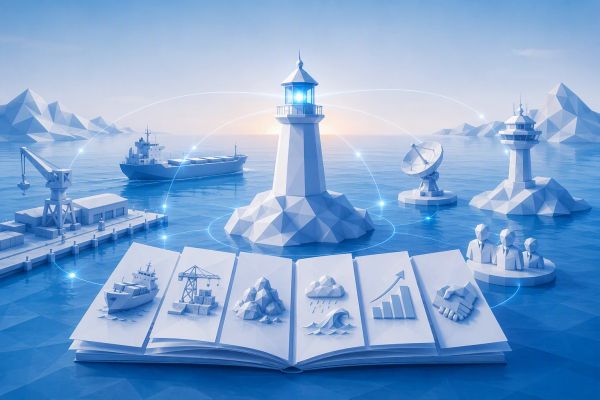 3D maritime logistics and communication concept with icons.