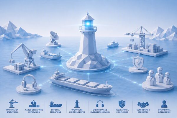 Maritime operations connected to a central lighthouse hub.