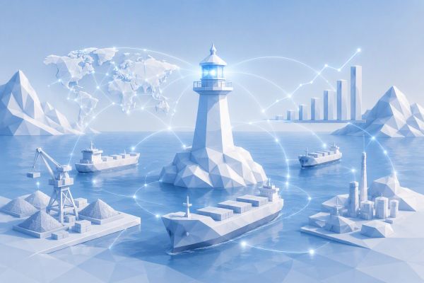 Low-poly maritime logistics concept with connected ships and supply chains.