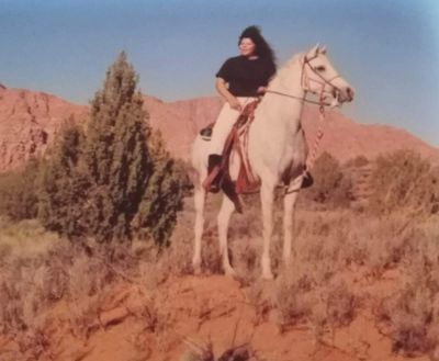 Person riding a white horse in a desert landscape with red rocks and shrubs.