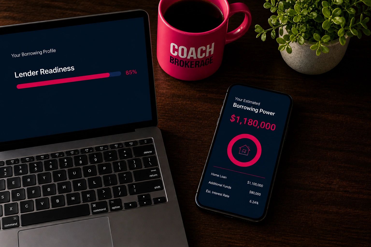 Flat lay of a dark timber desk showing an open laptop with a Lender Readiness dashboard at 85%