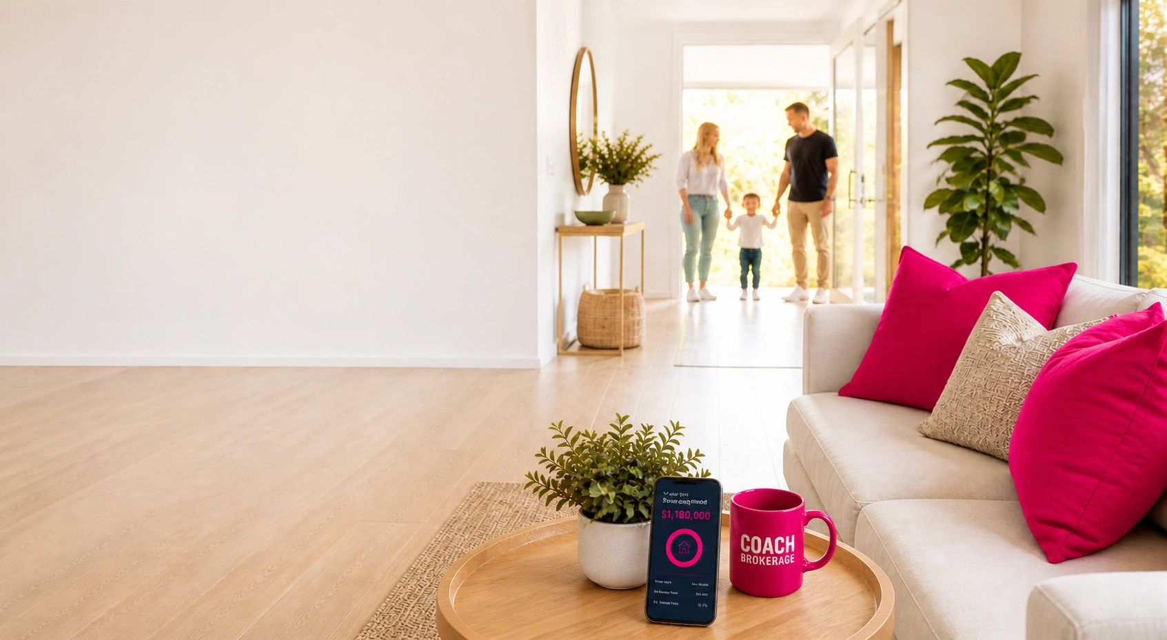 Hero image of a bright, modern Australian home interior with a family of three arriving