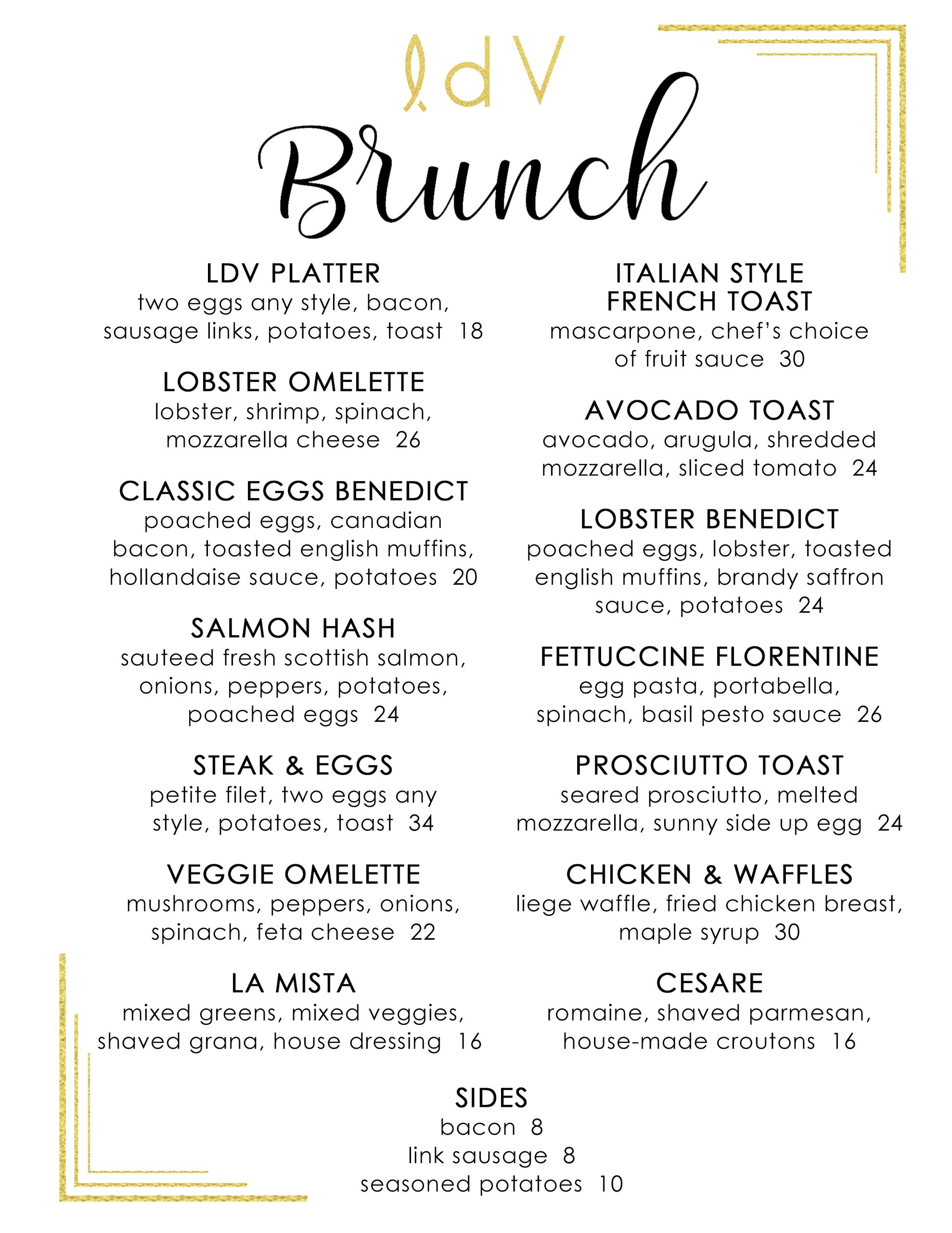 Brunch menu featuring eggs, omelettes, toasts, and more with prices.