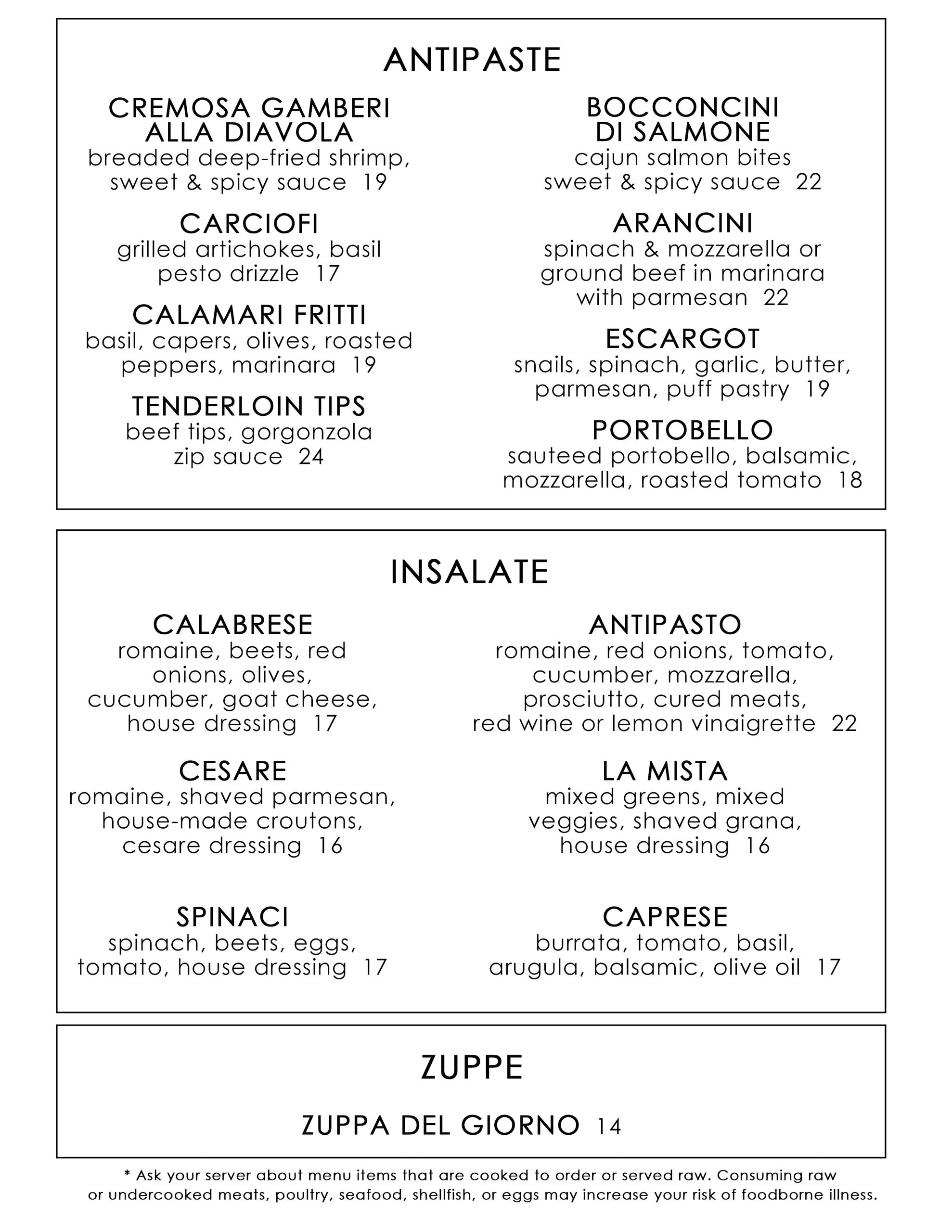 Italian menu with antipasti, insalate, and zuppa options.