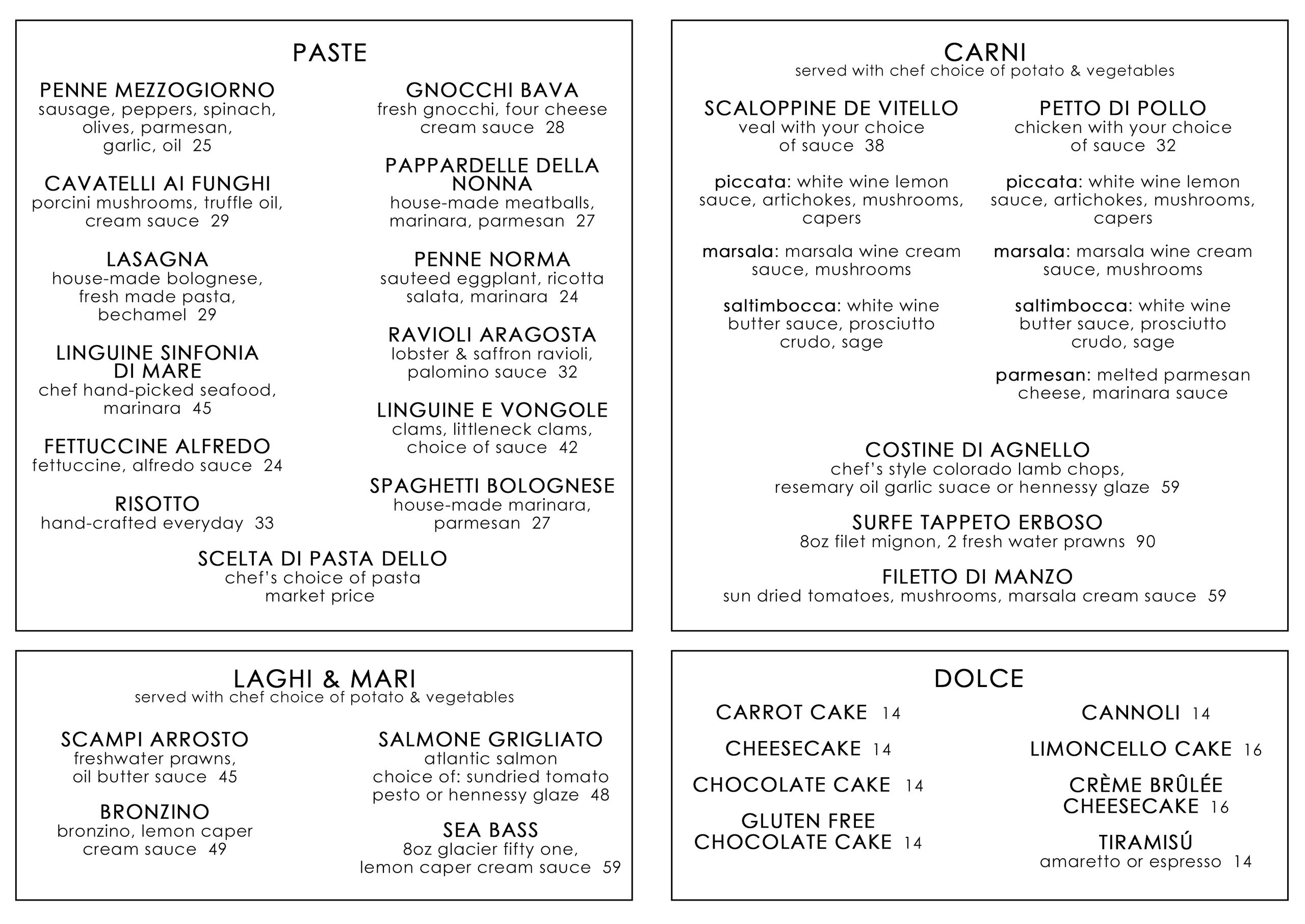 Italian restaurant menu with pasta, meat, seafood, and desserts options.