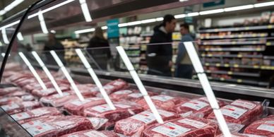 Packaged meat products displayed in a supermarket refrigerated section.