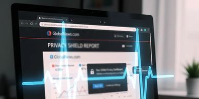 Laptop displaying a privacy shield report with a digital heartbeat overlay.