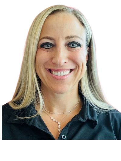 Close-up of a smiling blonde woman in a black shirt.