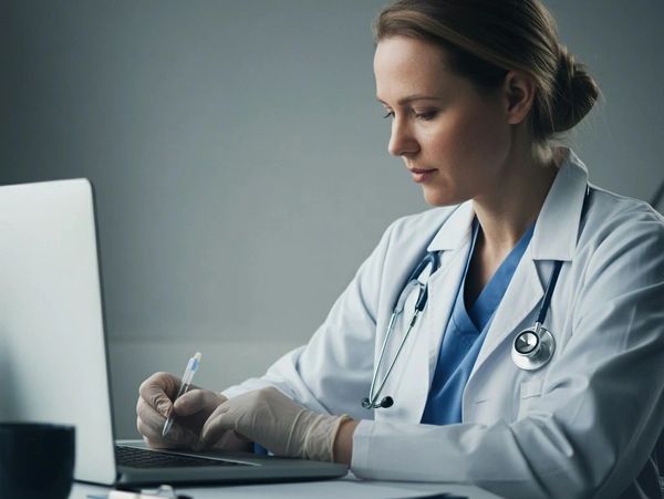 Female doctor in gloves working on a laptop at a desk.