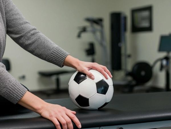Person holding a soccer ball on a therapy table in a gym.