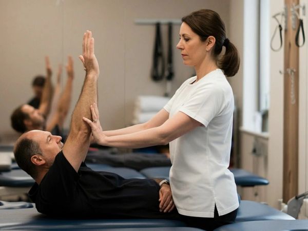 Physical therapist assisting a man with arm exercises on a treatment table.