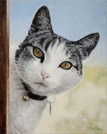 "Max", painting of cat peeking round the fence.