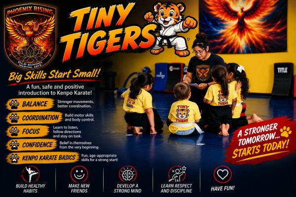 Tiny Tigers Kenpo Karate class with instructor and kids on mat.