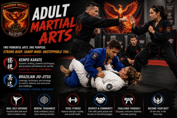 Adult martial arts training in Kenpo Karate and Brazilian Jiu-Jitsu.