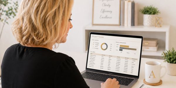 Woman analyzing project tracker data on a laptop in a cozy workspace.