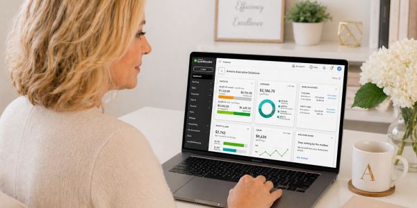 Woman using QuickBooks on a laptop for financial management.