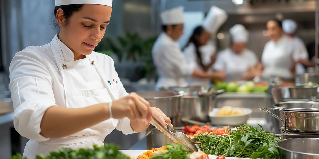 Female chef carefully preparing a dish in a busy kitchen.