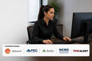 Woman working on a computer with platform logos below.